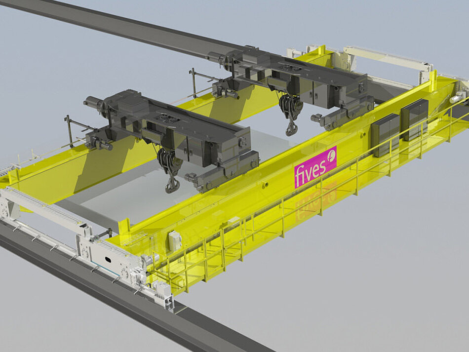 Rendu 3D d’un système de pont roulant jaune conçu pour des applications industrielles de manutention de matériaux.